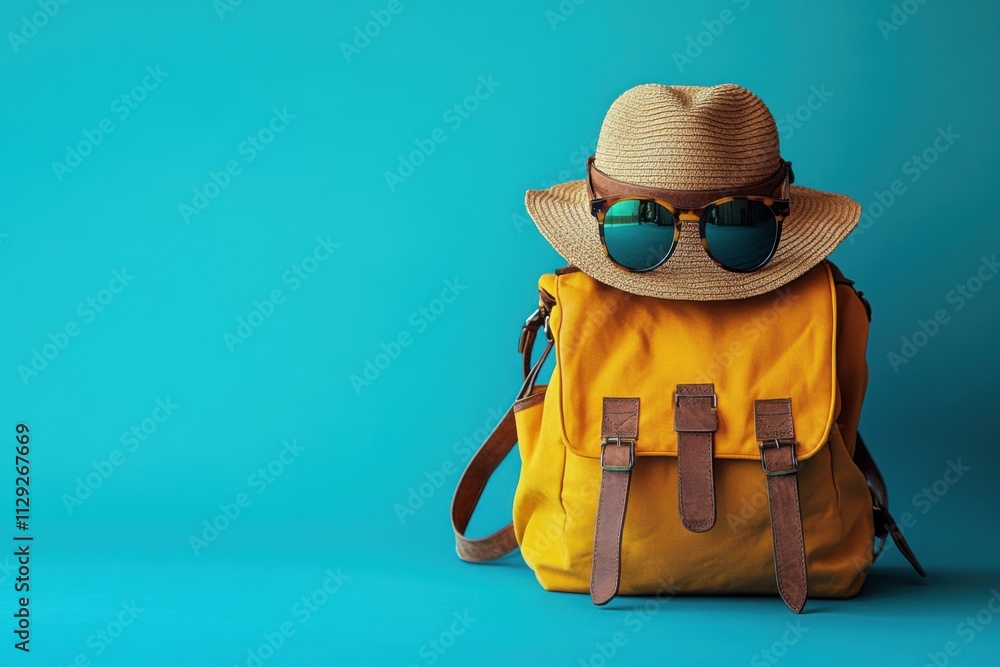 Fototapeta premium A stylish luggage setup featuring a Panama hat and sunglasses. A vibrant image against a plain background. Perfect for travel and tourism themes