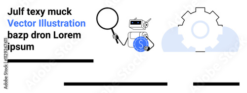 Robot with magnifying glass examining financial symbols. Gear mechanism symbolizes analysis and automation. Ideal for technology, finance, research, AI, algorithms, data analysis, engineering themes