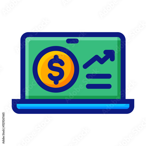 Laptop with graph and money symbol, color and outline icon