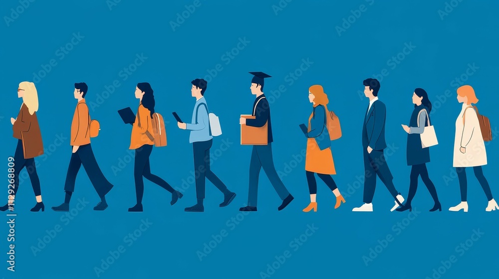 Diverse figures walking, carrying bags, books.