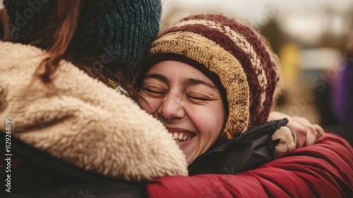 The joyful embrace of a volunteer welcoming refugees at a resettlement center, Symbolizing solidarity and refugee support, photography style photo