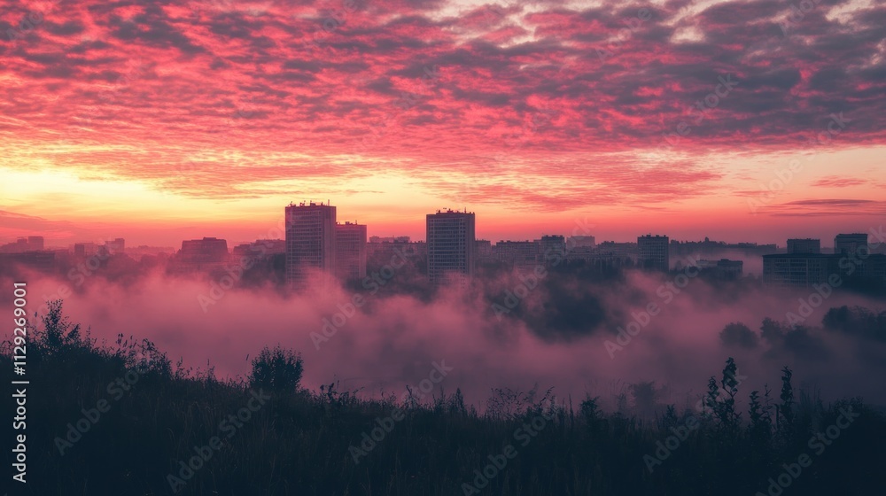 Obraz premium Misty cityscape at sunrise with vibrant clouds.
