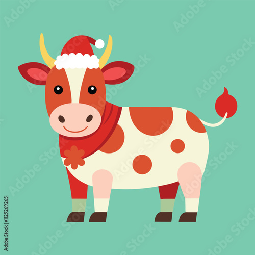 Christmas Cow Animal Isolated Flat Vector Illustration, Clipart, and Cotton Line Art Design.eps