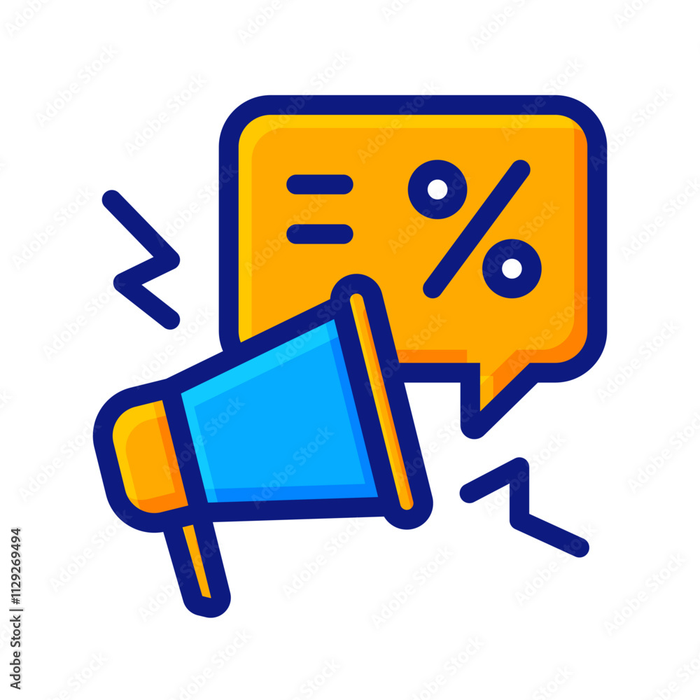 Megaphone with discount symbol, color and outline icon Megaphone with discount symbol, color and outline icon
