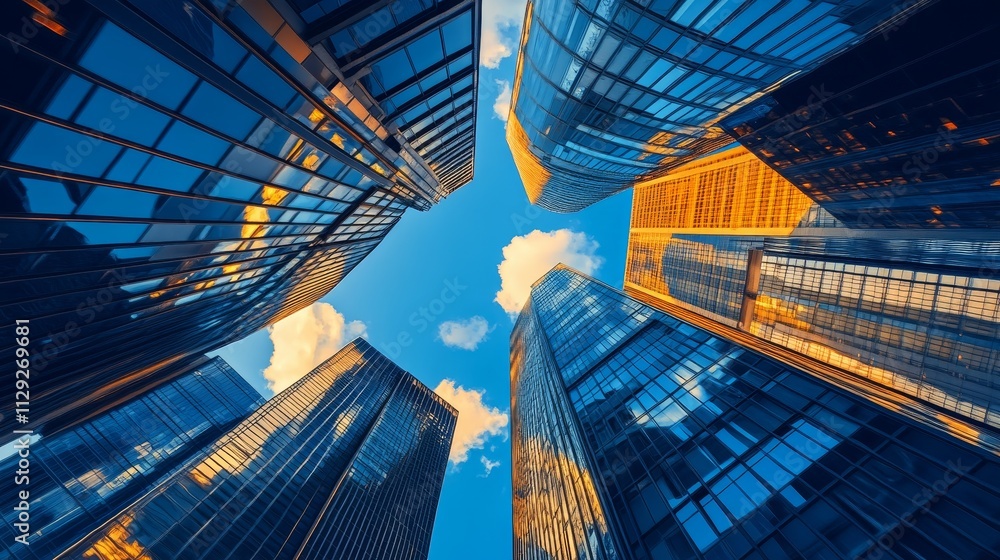 Naklejka premium A dramatic view of skyscrapers reflecting blue sky and clouds.