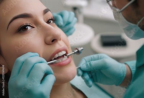 A woman sits in a dental chair as a dentist examines her teeth