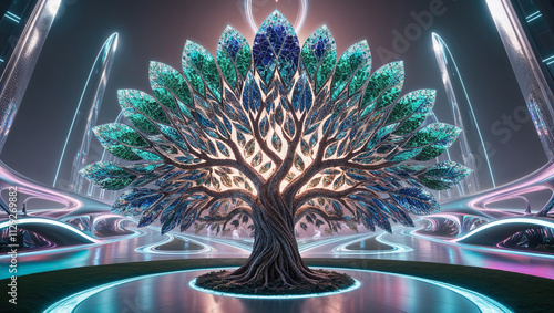 a highly detailed, cinematic photograph of a majestic, glowing digital art-style tree with intricately arranged, vividly colored mosaic leaves, each reflecting a different, shimmering hue, from emeral photo