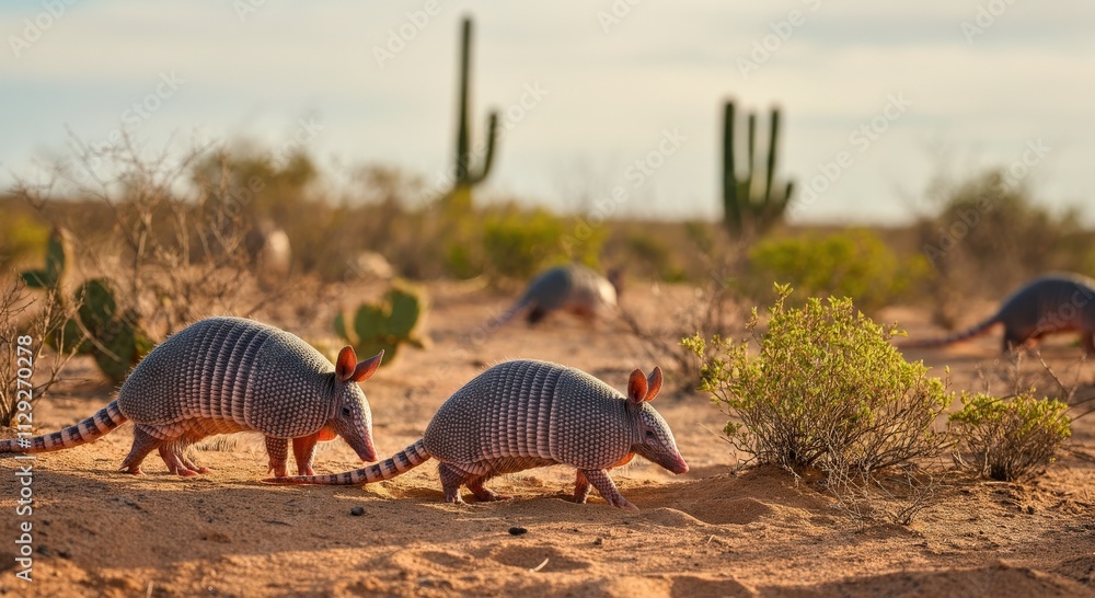 Armadillos in desert landscape with cacti and sandy terrain Armadillos in desert landscape with cacti and sandy terrain