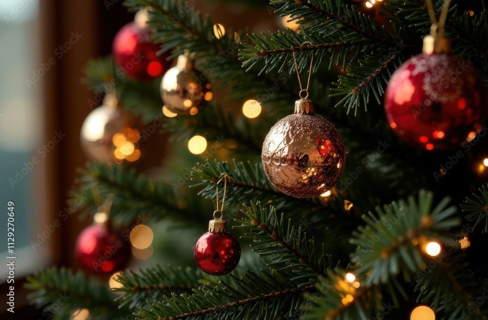 Fototapeta premium Velvet and metallic ornaments contrasting on a glowing Christmas tree. 