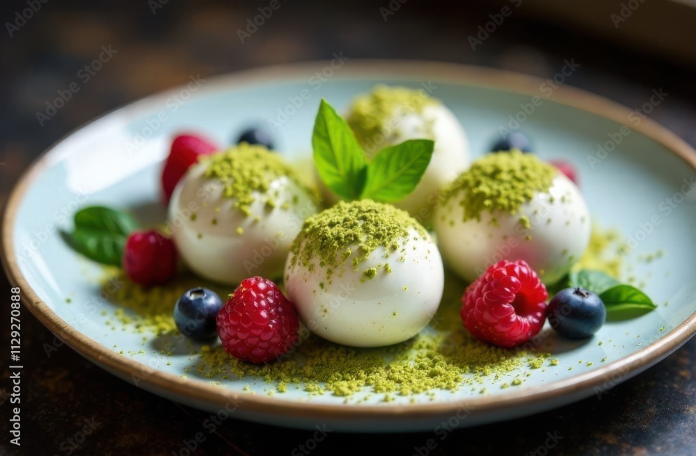 Elegant dry yogurt balls with matcha and berries on a vibrant plate.
Elegant dry yogurt balls with matcha and berries on a vibrant plate.
