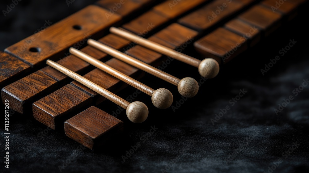 Close-up of Wooden Mallet Like Tools Resting on a Dark Wooden Musical Instrument with Rich Grain and Textures to Highlight Craftsmanship and Artistry Close-up of Wooden Mallet Like Tools Resting on a Dark Wooden Musical Instrument with Rich Grain and Textures to Highlight Craftsmanship and Artistry