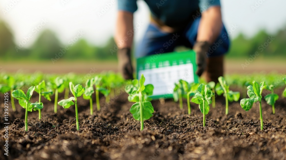 Farmer Inspects Young Vegetable Seedlings in Field with Calendar, Showcasing Agricultural Practices and Crop Management Techniques in Early Growth Stage Farmer Inspects Young Vegetable Seedlings in Field with Calendar, Showcasing Agricultural Practices and Crop Management Techniques in Early Growth Stage