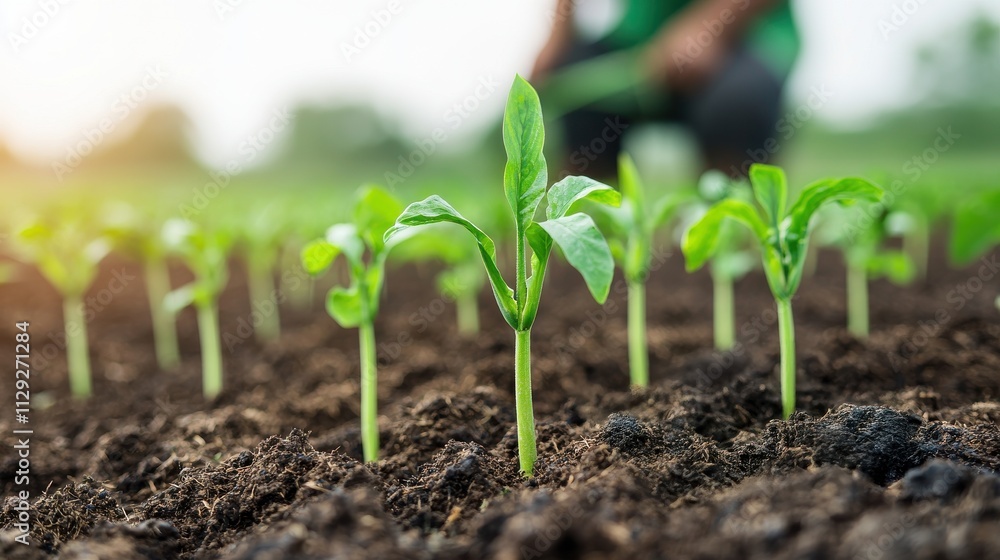 Green Seedlings Growing in Rich Soil Under Bright Sunlight with Farmer in Background, Symbolizing Sustainable Agriculture and Healthy Crop Production Practices Green Seedlings Growing in Rich Soil Under Bright Sunlight with Farmer in Background, Symbolizing Sustainable Agriculture and Healthy Crop Production Practices