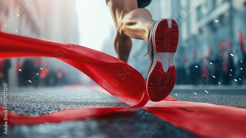 marathon runner breaking through a red ribbon finish line