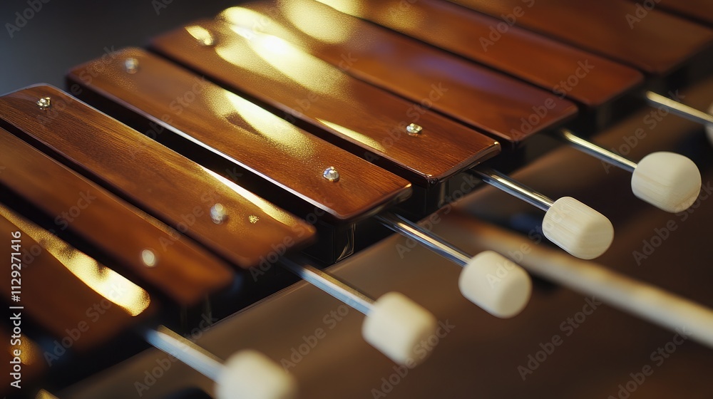 Naklejka premium Close-Up View of Wooden Xylophone Bars and Mallets Highlighting Natural Grain and Reflection in Soft Ambient Light for Musical Instrument Enthusiasts