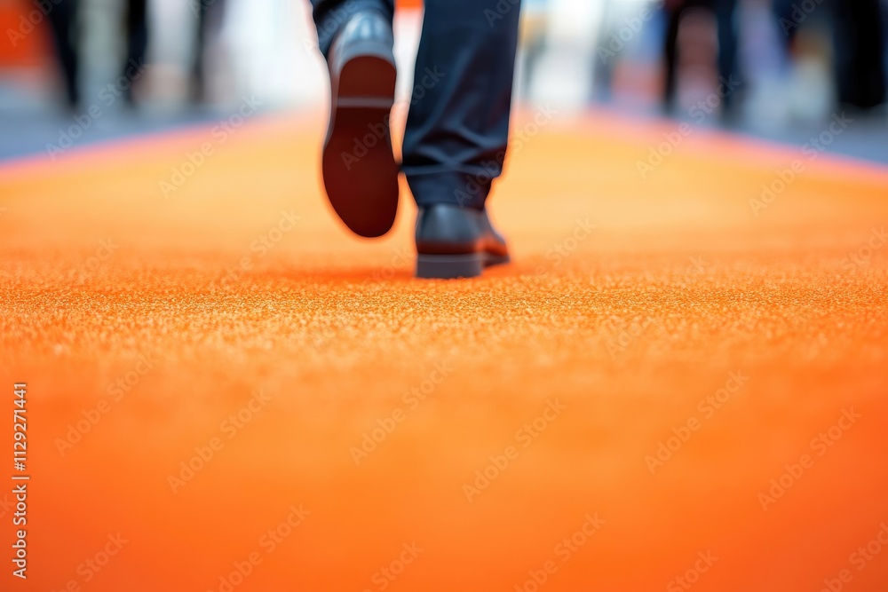 Naklejka premium People walking on an orange carpet in a modern building.