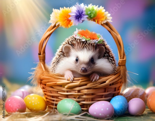 Easter concept. Tiny hedgehog in an Easter basket filled with colorful straw and eggs, with a tiny flower crown photo