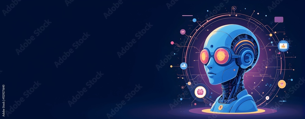 Fototapeta premium A futuristic robotic head, glowing eyes, intricate design, set against a dark, tech-infused backdrop. Digital art at its finest!