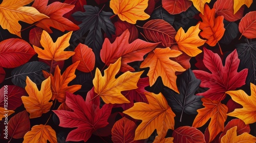 Wallpaper Mural A colorful arrangement of autumn leaves in shades of red, orange, yellow, and gray on a dark background, creating a vibrant seasonal pattern. Torontodigital.ca