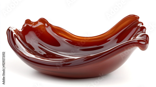 Large blob of caramel sauce on a white background. The caramel is thick and sticky, and it looks like it's oozing out of a container. The image has a warm, inviting, and comforting mood photo