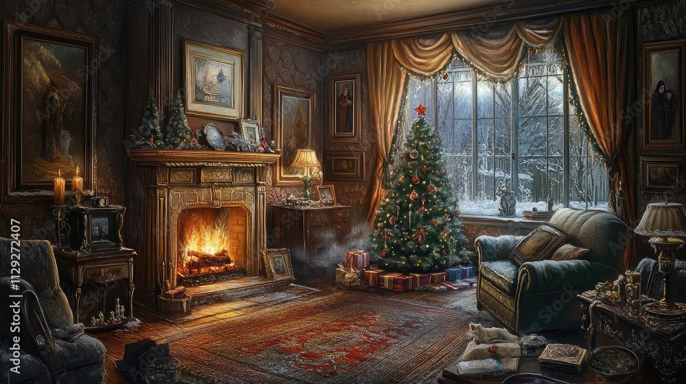 Cozy and Elegant Christmas Living Room with Christmas Tree, Fireplace, and Snowy Window View, Perfect for Holiday Celebrations and Family Gatherings Cozy and Elegant Christmas Living Room with Christmas Tree, Fireplace, and Snowy Window View, Perfect for Holiday Celebrations and Family Gatherings