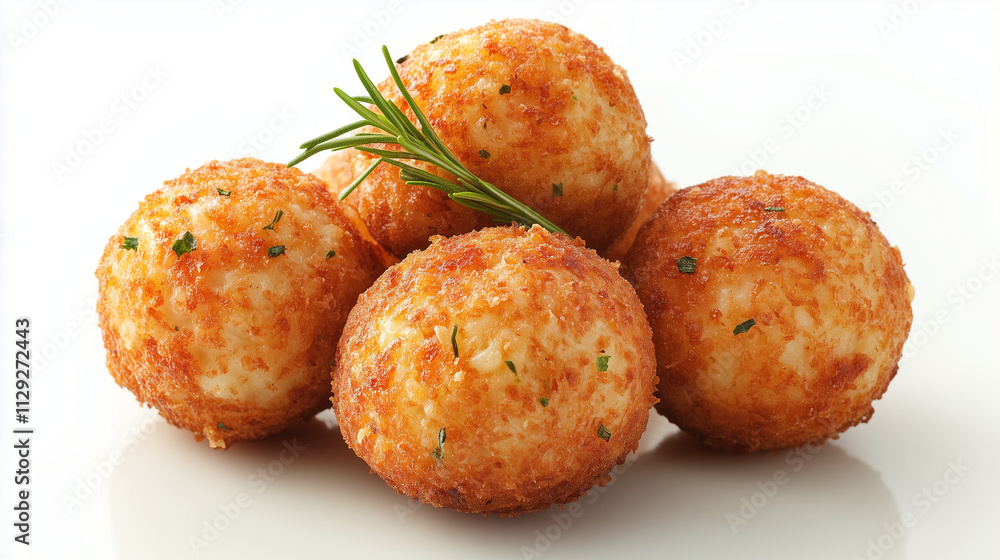 Delicious arancini balls garnished with fresh herbs on a white background Delicious arancini balls garnished with fresh herbs on a white background