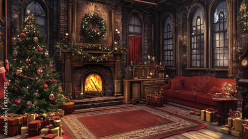 Wallpaper Mural Cozy and Festive Living Room Decorated for Christmas with Fireplace, Christmas Tree, and Gifts for a Warm Holiday Atmosphere Torontodigital.ca