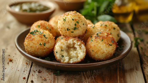 Golden arancini balls filled with rice served on a rustic plate with herbs and sauces