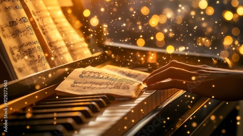 musician composing a melody on a grand piano, with sheet music scattered around and warm golden light illuminating the scene