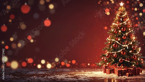 Christmas background and Christmas tree and sparkling bokeh lights in winter, merry christmas card holiday Happy New Year, space for text on red background