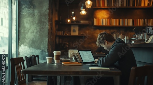 novelist writing in a minimalist coffee shop, with a laptop open and books, coffee cups, and warm light creating a cozy ambiance