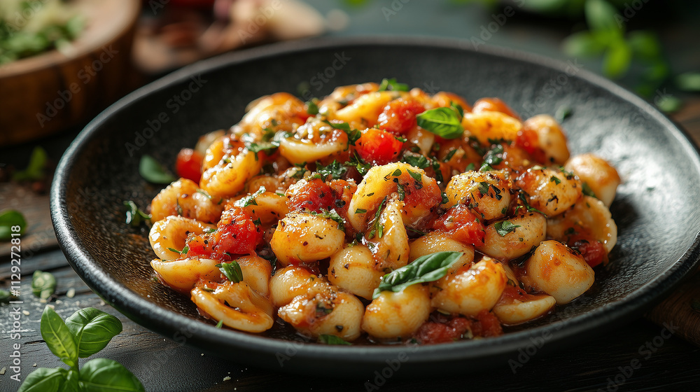 Flavorful orecchiette pasta with fresh tomatoes and herbs served in a black bowl Flavorful orecchiette pasta with fresh tomatoes and herbs served in a black bowl