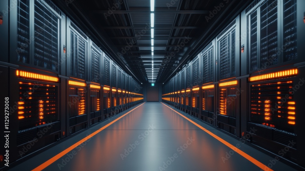 Fototapeta premium A Futuristic Data Center with High-Tech Server Racks and Illuminated Pathway in a Modern Cyber Environment for Digital Solutions and Tech Innovations