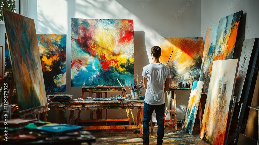 painter in a sunlit studio surrounded by canvases, brushes, and vibrant splashes of paint painter in a sunlit studio surrounded by canvases, brushes, and vibrant splashes of paint