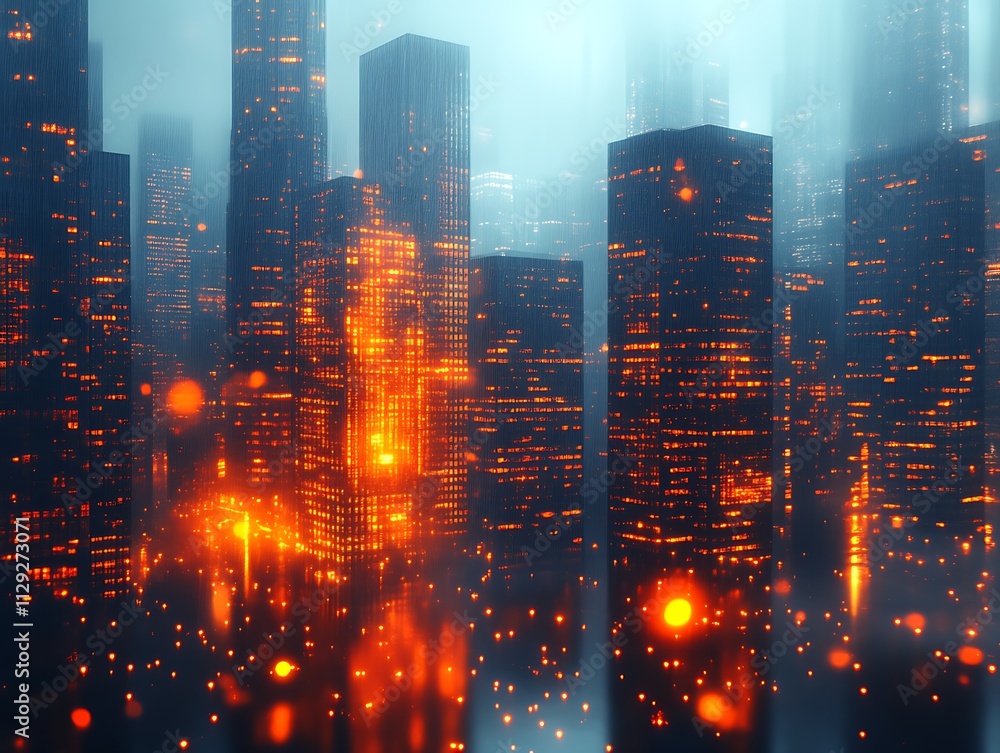 Fototapeta premium Futuristic Cityscape Illuminated With Warm Lights At Night