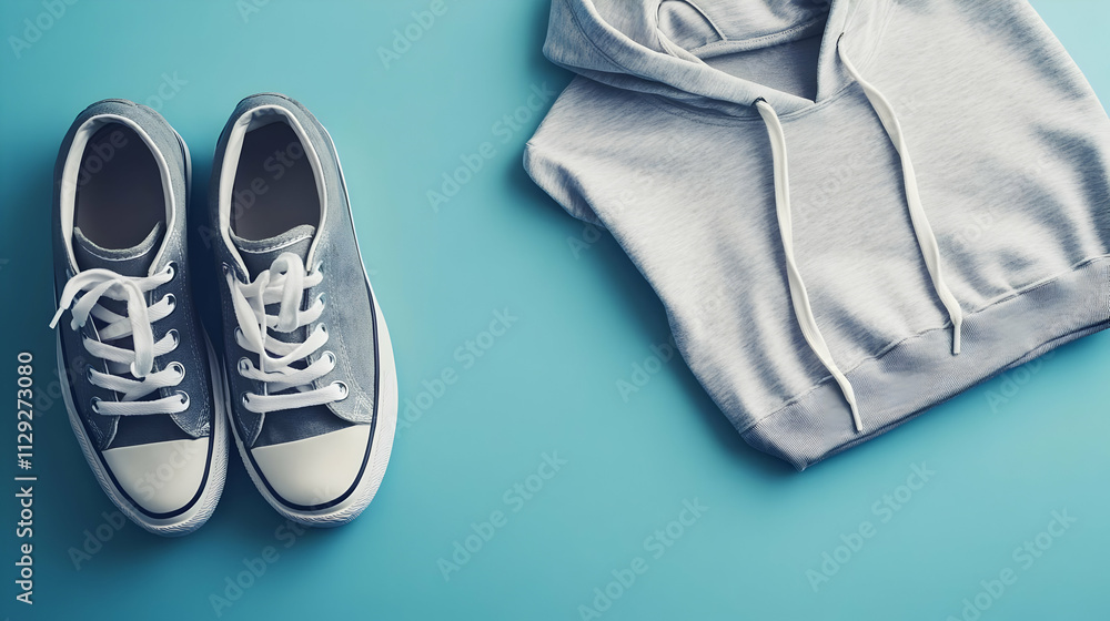 Hoodie Mockup - Casual outfit featuring sneakers and a hoodie on a blue background. Hoodie Mockup - Casual outfit featuring sneakers and a hoodie on a blue background.