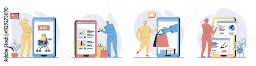 Mobile commerce concept set in flat design for web. Collection with people choosing in assortment and making online shopping at sales, ordering products, paying online in apps. Vector illustrations.