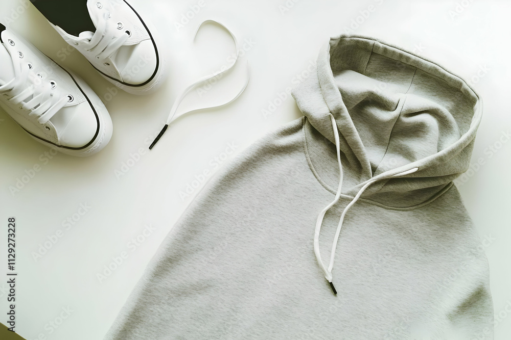 Hoodie Mockup - A casual outfit featuring a gray hoodie and white sneakers on a light surface. Hoodie Mockup - A casual outfit featuring a gray hoodie and white sneakers on a light surface.