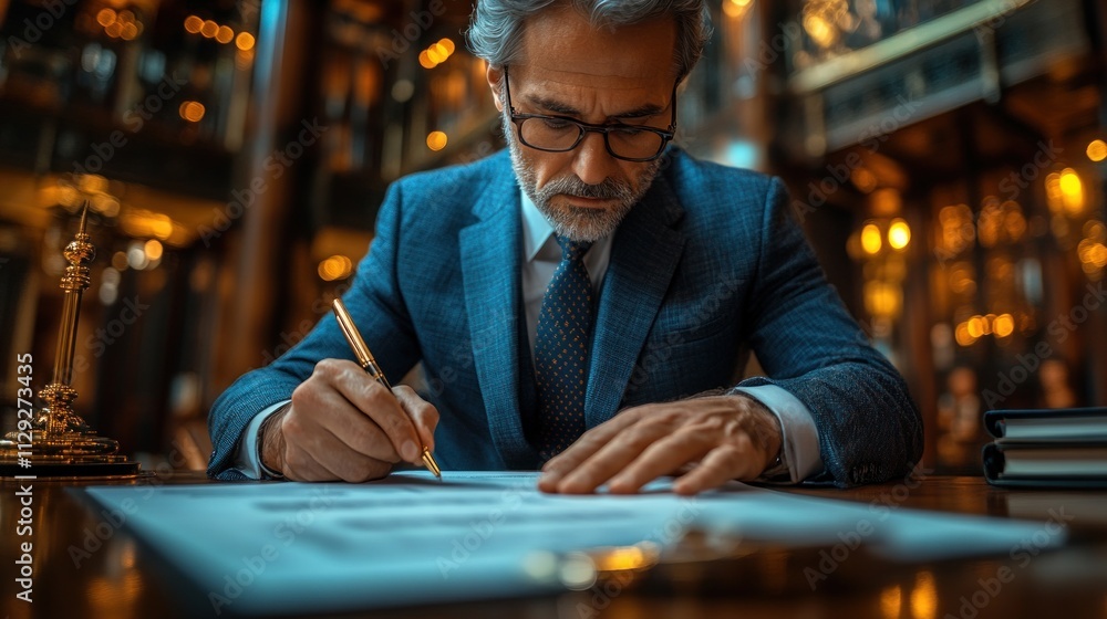 Man signing documents in a sophisticated office setting. Man signing documents in a sophisticated office setting.
