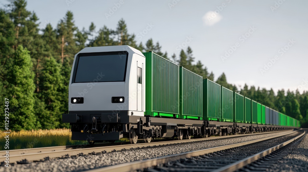 Modern freight train transporting green containers on railway tracks surrounded by lush trees under a clear sky, showcasing efficient and eco-friendly transportation solutions Modern freight train transporting green containers on railway tracks surrounded by lush trees under a clear sky, showcasing efficient and eco-friendly transportation solutions