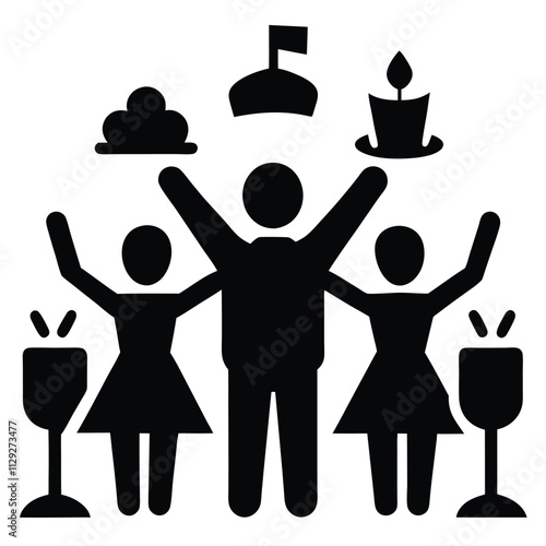 black silhouette Small Group Celebration Icon Square Button Set