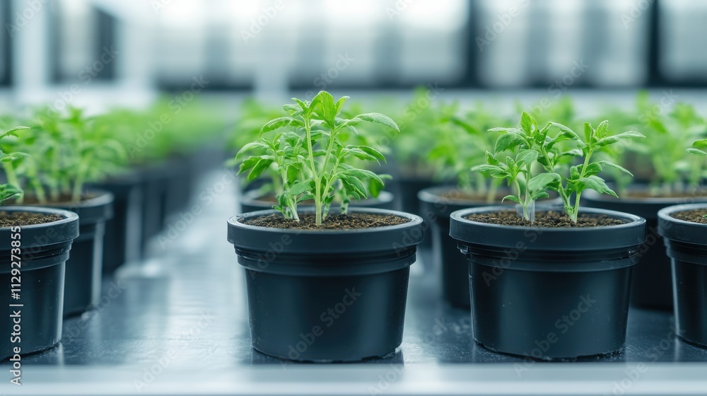 Fresh Green Seedlings Growing in Black Pots on a Farm, Symbolizing Agriculture, Growth, and Sustainable Horticulture Practices in a Bright Greenhouse Environment Fresh Green Seedlings Growing in Black Pots on a Farm, Symbolizing Agriculture, Growth, and Sustainable Horticulture Practices in a Bright Greenhouse Environment