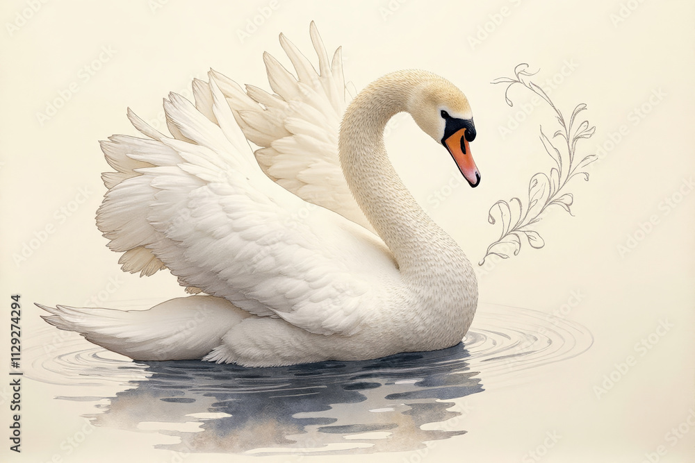 Elegant swan swimming gracefully on water with decorative elements in a serene setting with copy space Elegant swan swimming gracefully on water with decorative elements in a serene setting with copy space