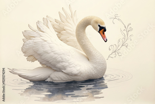 Elegant swan swimming gracefully on water with decorative elements in a serene setting with copy space photo