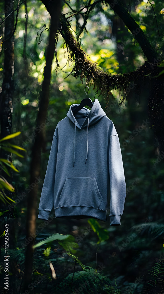 Hoodie Mockup - A gray hoodie hanging in a lush forest, blending fashion with nature. Hoodie Mockup - A gray hoodie hanging in a lush forest, blending fashion with nature.