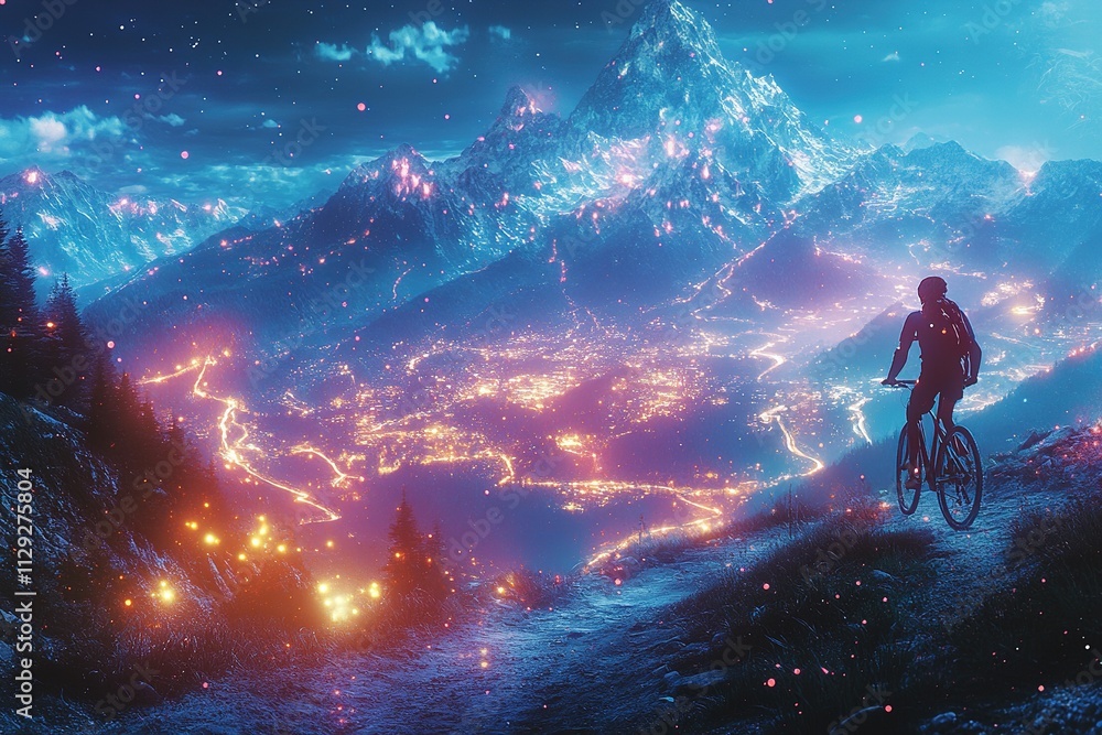 Cyclist overlooking luminous mountain city at night Cyclist overlooking luminous mountain city at night