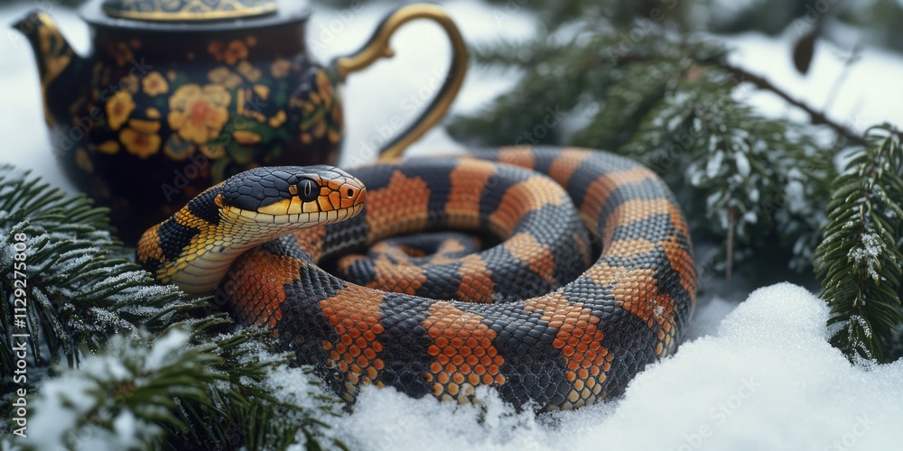 Naklejka premium Snake near snow and teapot