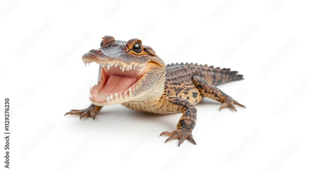 A crocodile is shown with its mouth wide open, revealing sharp teeth and detailed textures on its skin. The isolated, clean background emphasizes its fierce expression and unique characteristics A crocodile is shown with its mouth wide open, revealing sharp teeth and detailed textures on its skin. The isolated, clean background emphasizes its fierce expression and unique characteristics