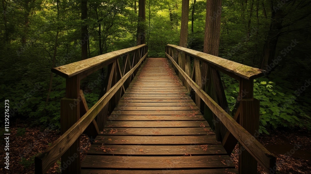 Fototapeta premium A serene wooden bridge leads through lush greenery in a tranquil forest setting.