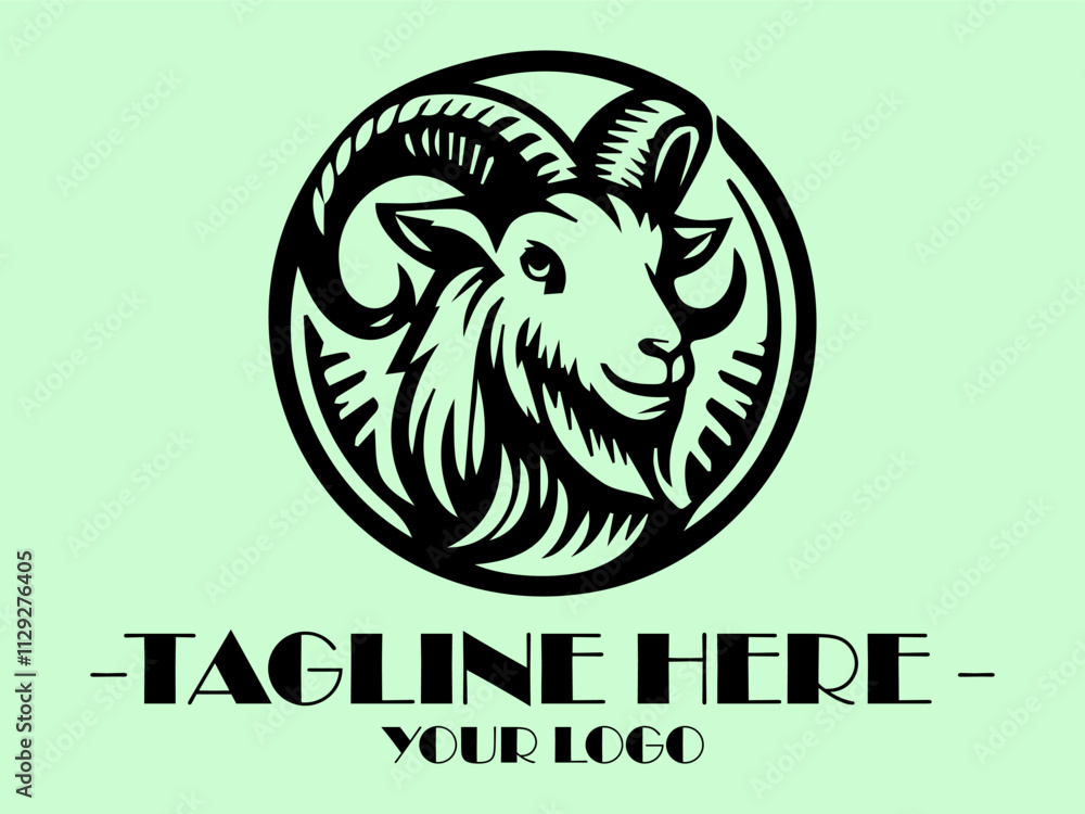 Black goat head profile on light green background. Perfect for farm or Halloween themed designs, logo for a dairy company Black goat head profile on light green background. Perfect for farm or Halloween themed designs, logo for a dairy company